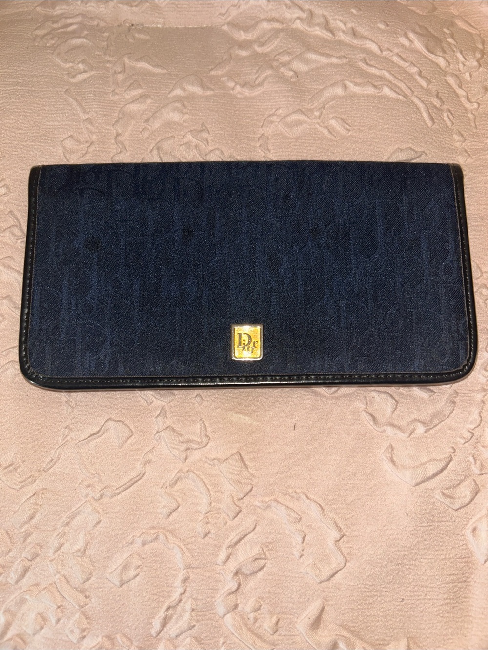 Vintage Dior Navy Monogram Continental Wallet with Gold Tone Logo